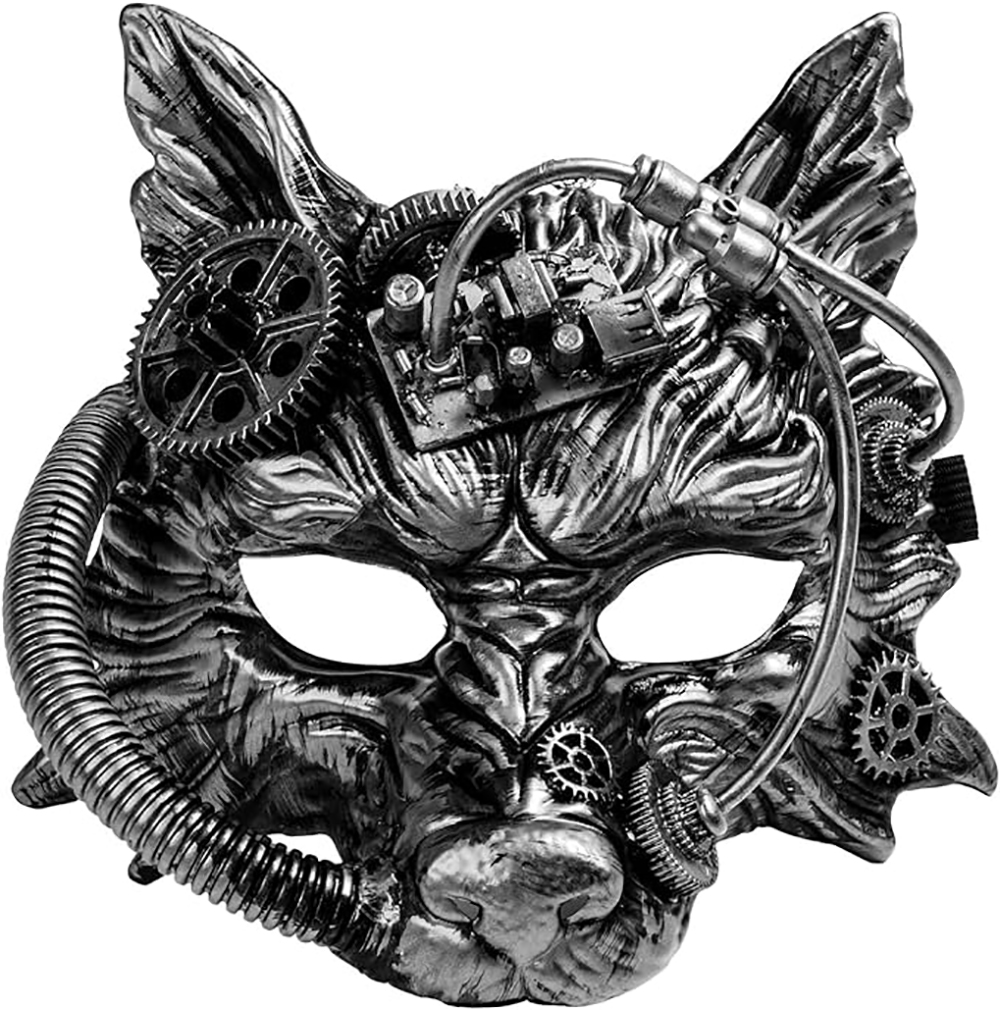 Silver werewolf mask with steampunk paraphernalia attached to his/her face
